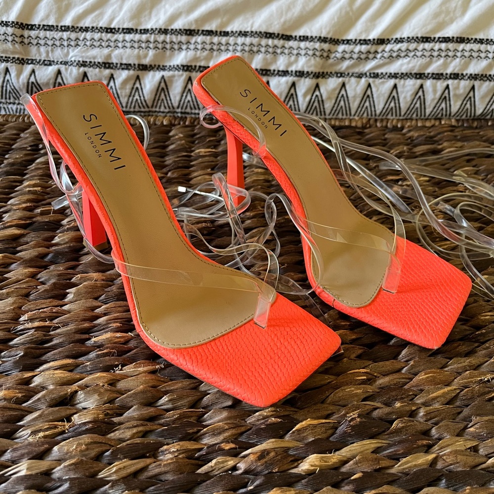 Simmi London Women’s Square Toe Ankle/Leg Wrap Heels Orange Leather Size 6